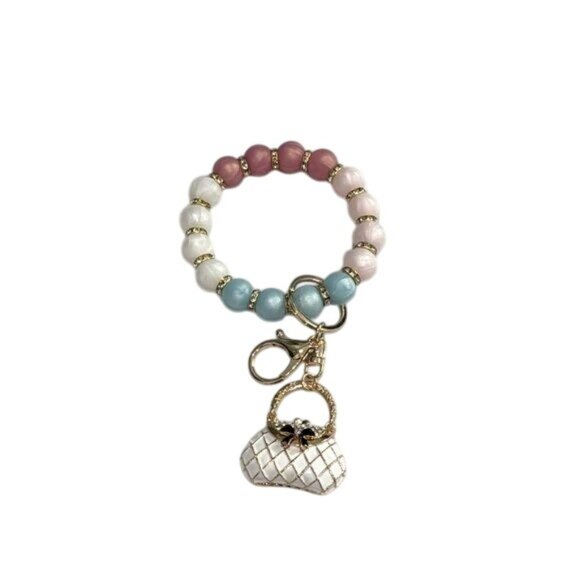 NWT Beaded Keychain Bracelet With Purse Charm & Gold Accents Pink White Blue - Picture 2 of 4